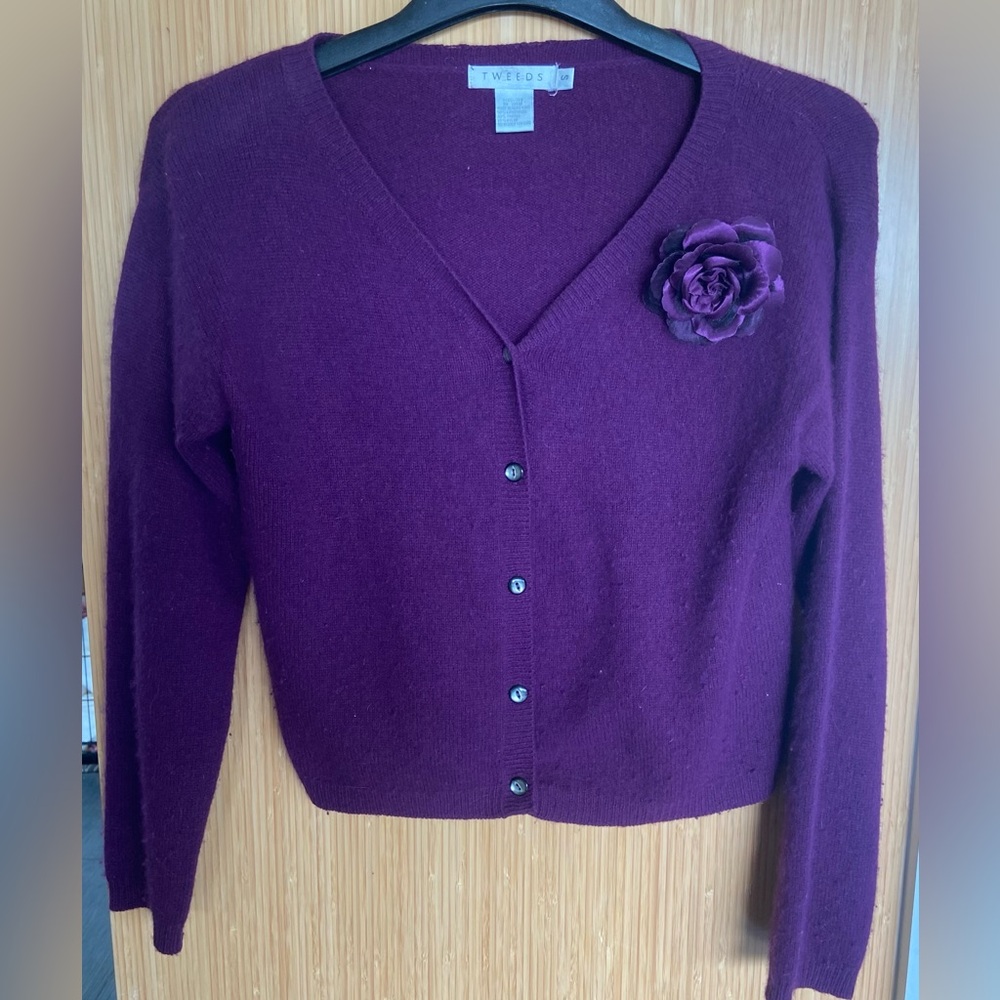 Tweeds Plum Cardigan with Silk Flower Pin
